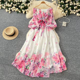 Spring Holiday Style Dress Woman 2025 New Shoulder Strapped Belt Waist Lantern Sleeve Print Chiffon Long