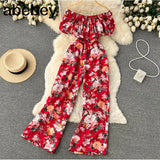 Women Off Shoulder Strap Dress Slash Neck Short Sleeve Wide Leg Jumpsuits Summer Bohemian Print Vacation Long