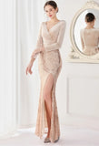 Winter Elegant Velvet With Sequins Deep V Neck Long Sleeve Slit Cocktail Eevening