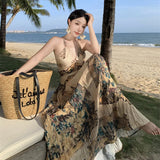 Toloer Retro Halter Dress Female V Collar Small Back Hollow Show Thin Holiday Fairy Skirt