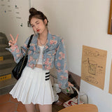 Elegant Rose Printed Women Denim Jackets Long Sleeve Outwear Autumn 2023 Crop Tops Korean Loose Streetwear Coats Chic-Outfit