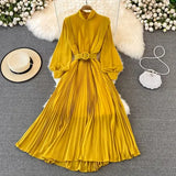 VAREY LIN New Spring Pleated Dress Women Elegant Stand Collar Solid Color Long Dress with Belt Lady Fashion Chiffon