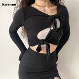 Korean Sexy Slim T-shirt Long Sleeve Hollow Out Chic Design Crop Top Lace-up Women Irregular Tee Shirt Japanese