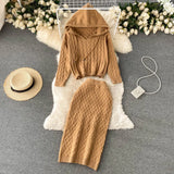 Thick Knitted Set Women Long Sleeve Short Hooded Sweater+Sexy Bodycon Skirts New Autumn Winter Two Piece