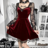 Dark Dress Lace Stitching Shows Chest Long-Sleeved Lotus Leaf Edge Waist Shows Thin Casual Dress-Outfit