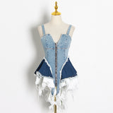 Toloer 2024 New Sexy V Collar Color Splicing Cowboy Zipper Waist Vest Irregular Halter Top Female-Outfit