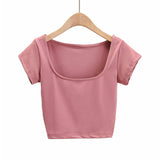 Summer New INS Tight Square Collar Short-Sleeved T-Shirt With Bottom Ultra-Short Exposed Collarbone High Waist Navel Blouse-Outfit