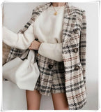 British Style Women Plaid Tweed Jacket Coat With Pockets Fashion Office Ladies Double Breasted Tops Casual