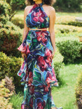 Fashion Hanging Neck Tie Dye Design Fluffy Cake Dress In Autumn