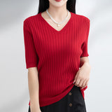 Toloer The Summer Of 2024, Women's Knit Short Sleeve Korean V-Neck Solid Color T-Shirt And A Pit Top-Outfit