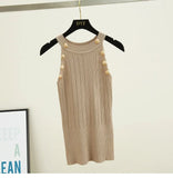 Women Soild Button Hollow Out Thin Knitted Tank Tops Female Girls Double Breasted Knit Sleeveless Sweater