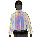 2024 Winter New Short Standing Collar Dazzling Color Reflective Cotton Clothes Women's Fashion Laser Cotton Clothes-Outfit