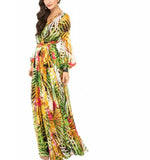Spring Summer New Women's Dress V Collar Lantern Sleeve Red Leaf Print