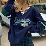 Bold Shade Indie Aesthetic Letter Print Patchwork Sweater Y2K 90s Style Women V-neck Loose Knitwear Streetwear Fashion
