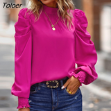 Collar Puff Sleeve Pullover Blouse Women Pleated Vintage Elegant Green Blosues Women Loose Autumn Fuchsia Shirt Tops