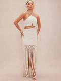 Summer Women's New Hollow Open Waist Design Hanging Neck Knitted Tuxedry Dress Romantic Sweet