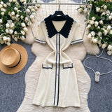 Retro Trendy Polo Collar Short-Sleeved Dress Women's Summer Metal Buckle Waist Thin Knitted