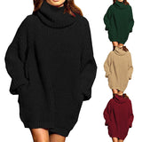 Toloer And Winter New Fashion Long Sleeve High Collar Pocket Long Dress Loose Sweater