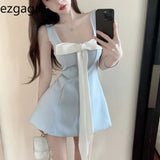 Elegant Mini Dresses Women Bowknot Sleeveless Square Collar Backless Slim Sexy Sweet Party Dress Female Fashion-Outfit