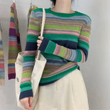 Rainbow Sweater Women Super Soft Stretchy Multicolor Striped Knit Striped Jumper Pullover Female Spring Autumn
