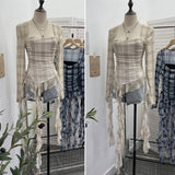 Shooting Collar Low-Breast Sexy Mesh Yarn Long-Sleeved Top Irregular Ribbon To Repair Hottie T-Shirt