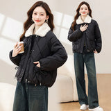Foreign Style Cotton-Padded Clothes Women 2024 New Winter New Chinese Cotton-Padded Jacket Bow Splicing Wool Collar Thick Coat Women's Clothing-Outfit