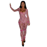 Toloer Women's Autumn / Winter New U Collar Long Sleeve Sexy Lace Elastic Jumpsuit Female Slim-Outfit