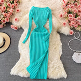 Women Korean Knitted Dress Long Sleeve O Neck Elastic Slim Pencil Dress Autumn Winter Sexy Bodycon Split Sweater