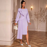 Elegant Lantern Sleeve Party Dress Irregular Lotus Folds On The Side Of The Fork Evening Dress