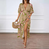 Summer New Sexy V-Neck Short-Sleeved Print Waist Dress Women's