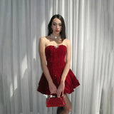 Sequin Strapless Puff Skirt Mini Dress-Outfit