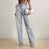 Toloer 2024 New Heavy Industry Nail Bead Design Sense Straight Pants High Waist Show Thin Fashion Temperament All-Match Jeans Pants-Outfit