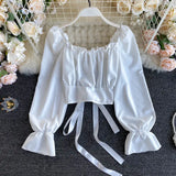 Casual Women Bandage Blouse Sext Square Collar Flare Long Sleeve Short Shirt Vintage White/Black Tops New Fashion Blusas