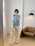 Chinese Heavy Industry Embroidered Cardigan Collar Chiffon Blue Shirt Summer New Style Chic Sleeveless Shirt Woman-Outfit