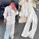 Light Luxury Heavy Lace Splicing Temperament Long-Sleeved Shirt Tight High Waist Thin Broad Leg Trousers Two Sets Of