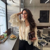 Women's V-Neck Folding Trim Shirt Long-Sleeved Top Loose