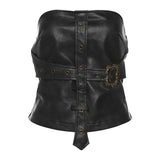 Toloer Summer Women's Sexy Hot Girl Back A Word Collar Slim Crop PU Small Vest-Outfit