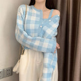 Toloer Dress 2024 New Women's Suit Bump Color Plaid Knit Cardigan Top Hot Girl Pure Desire Wind Sling Two-Piece Set-Outfit