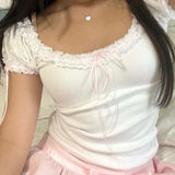 Lace Trim Square Neck Bubble Short Sleeve Tee-Outfit
