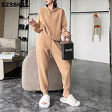 ins 2 Pieces Set Women Knitted Tracksuit hooded Sweater + Harem Pants Pullover 2021 Sweater Set CHIC Knitted hooded