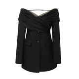 Toloer Spring And Autumn New Fashion Sexy One-Word Shoulder Mesh Splicing Design Sense Long Sleeve Small Suit Jacket-Outfit