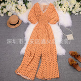 Toloer Summer Women's Wear 2023 New Temperament Wave Point V Neck Show High Waist Casual Wide Leg Jumpsuit