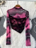 Gradient Mesh Sexy Women Top American Style Fashion Letter Long Sleeve Stand Neck Sheer Autumn Thin Sun Proof T