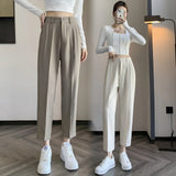 Grey Suit Pants Female Autumn New Ice Silk Pants Hanging Feeling Show Thin Harun Nine Points Casual Straight Tube Smoke Pipe Pants-Outfit