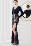 Winter Elegant Velvet With Sequins Deep V Neck Long Sleeve Slit Cocktail Eevening