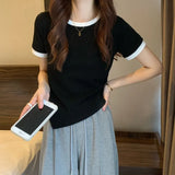 Toloer Female 2024 New Summer Design Sense Contrast Color T-Shirt Fashion Chic Irregular Short Student