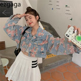 Elegant Rose Printed Women Denim Jackets Long Sleeve Outwear Autumn 2023 Crop Tops Korean Loose Streetwear Coats Chic-Outfit