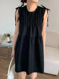 Chic Niche Retro Round Neck Pleated Bow Tie Small Sleeveless Vest Dress Woman-Outfit