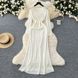 Slebock Crochet Dress Women's Waist Show Thin Sleeve Skirt Inside The Bottom Sling Skirt Two