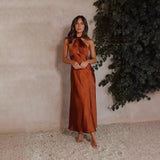 Spring Summer New Women's Sexy Waist Hanging Neck Open Fork Long Color Sleeveless Dress